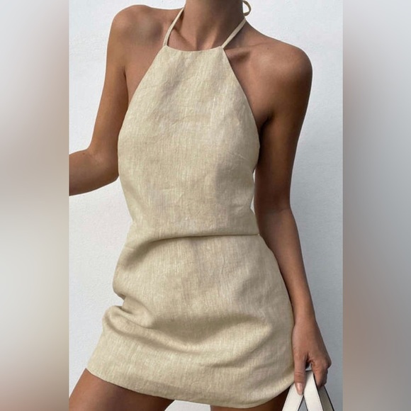 Micas Dresses & Skirts - NWT Linen Halter Mini Dress Women’s Sz S Boho Gypsy Hippie Vacation Summer Beach